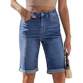 luvamia Bermuda Jean Shorts for Women Knee Length High Waisted Rolled Hem Casual Summer 12'' Inseam Long Denim Shorts