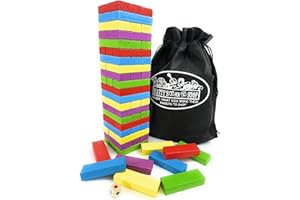MATTY'S TOY STOP Matty's Mix-Up 60pc Large Colorful Wooden Tumble Tower Deluxe Stacking Game with Storage Bag