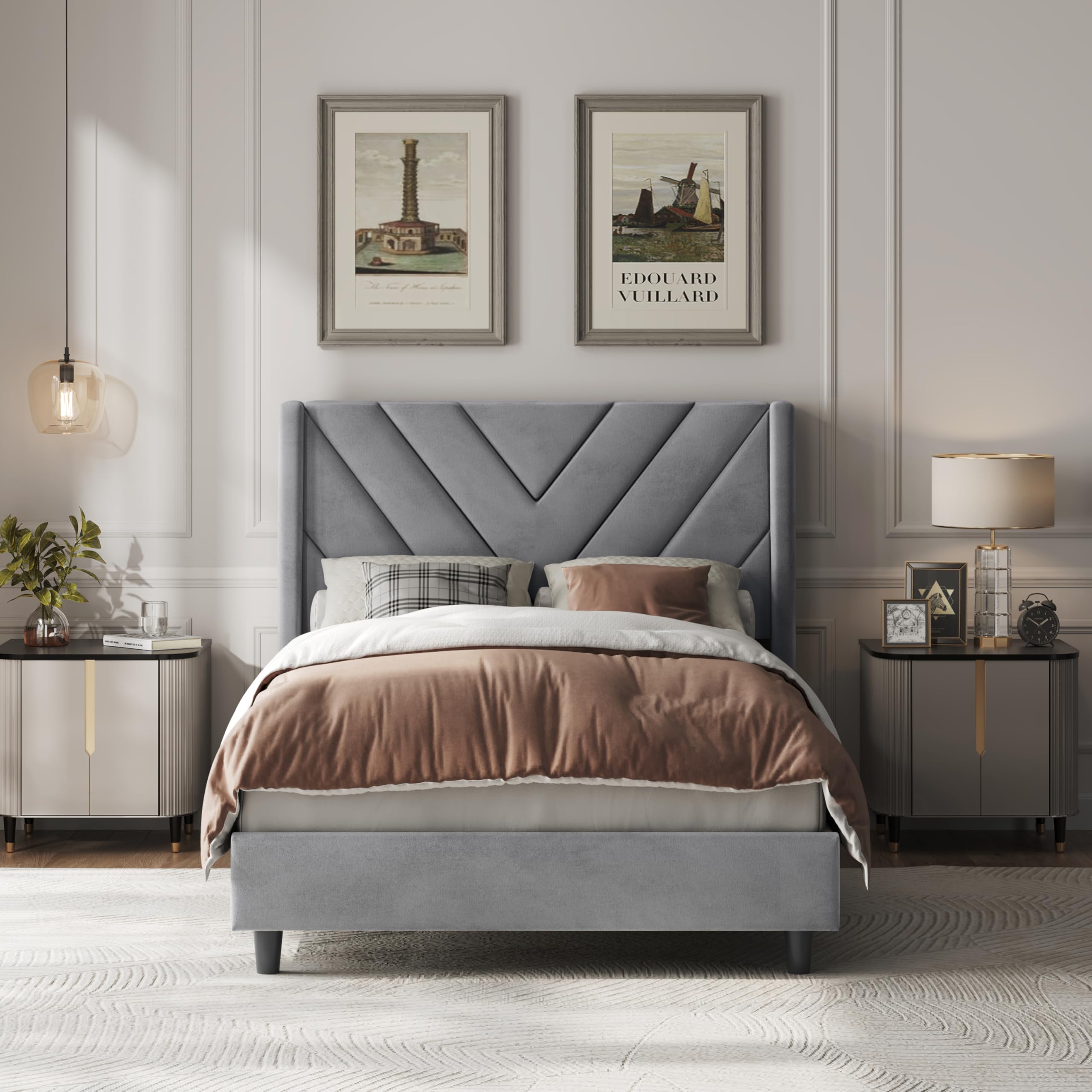 Photo 1 of ** NEW / INCLUDED HARDWARE** Yaheetech Twin Bed Frame Upholstered Platform Bed with Wing Side/Wooden Slat Support/Tufted Headboard with Wing Side/Mattress Foundation/No Box Spring Needed,Light Gray Twin Bed