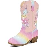 Motasha Sparkly Rhinestone Cowgirl Boots for Girls Cowboy Boot Toddler to Big Kids Mid Calf Zipper Low Heel Pointed Toes Party Birthday Dress