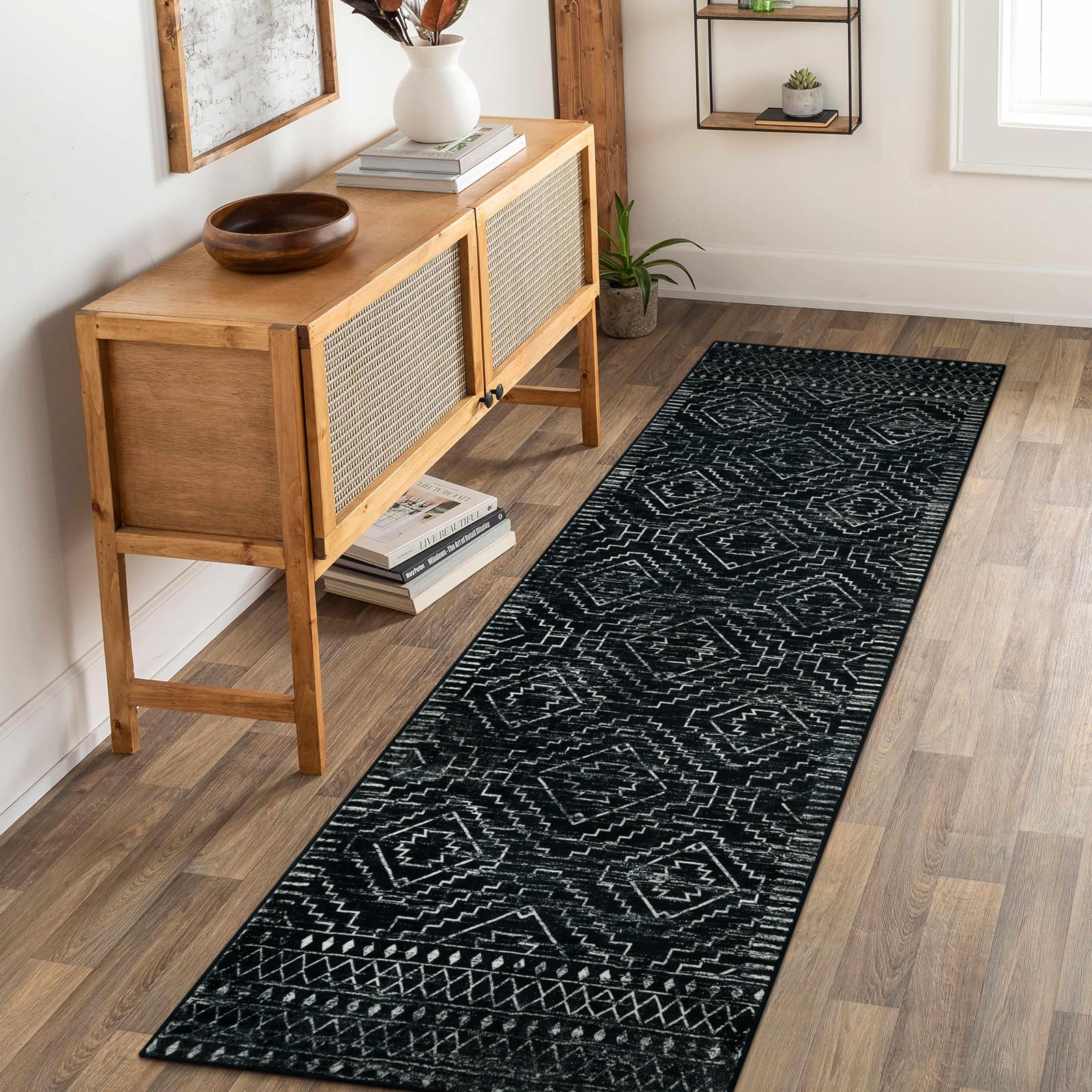 Photo 1 of Wonnitar Moroccan Runner Rugs for Hallway 2'6"x8', Black Washable Boho Kitchen Non-Slip Rug Runner, Geometric Tribal Long Soft Bathroom Accent Area Rug for Entryway Laundry Bedroom (Black,2'6"x8')