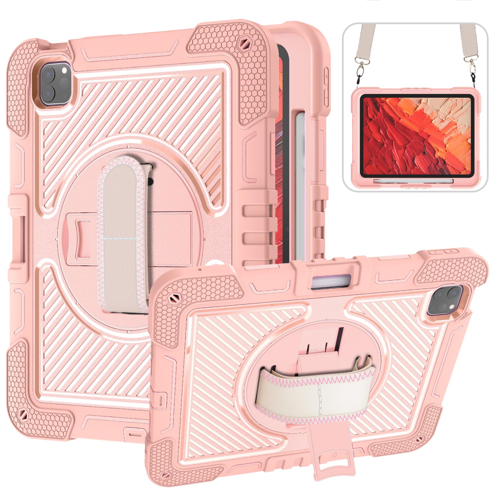 Photo 1 of Lontect for iPad Pro 11 Inch Case M4 (2024,5th Gen),Shockproof Rugged Heavy Duty Anti-Slip Full-Body Protective TPU Cover with Pencil Holder&Rotable Stand Case for iPad Pro 11 2024,Rose Gold