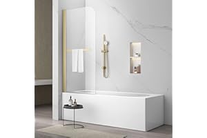 Sunrosa Pivot Tub Shower Door 34"58", Folding Bathtub Door With Tempered Glass, Frameless Design With Towel Bar, for Bathtub in Brushed Gold