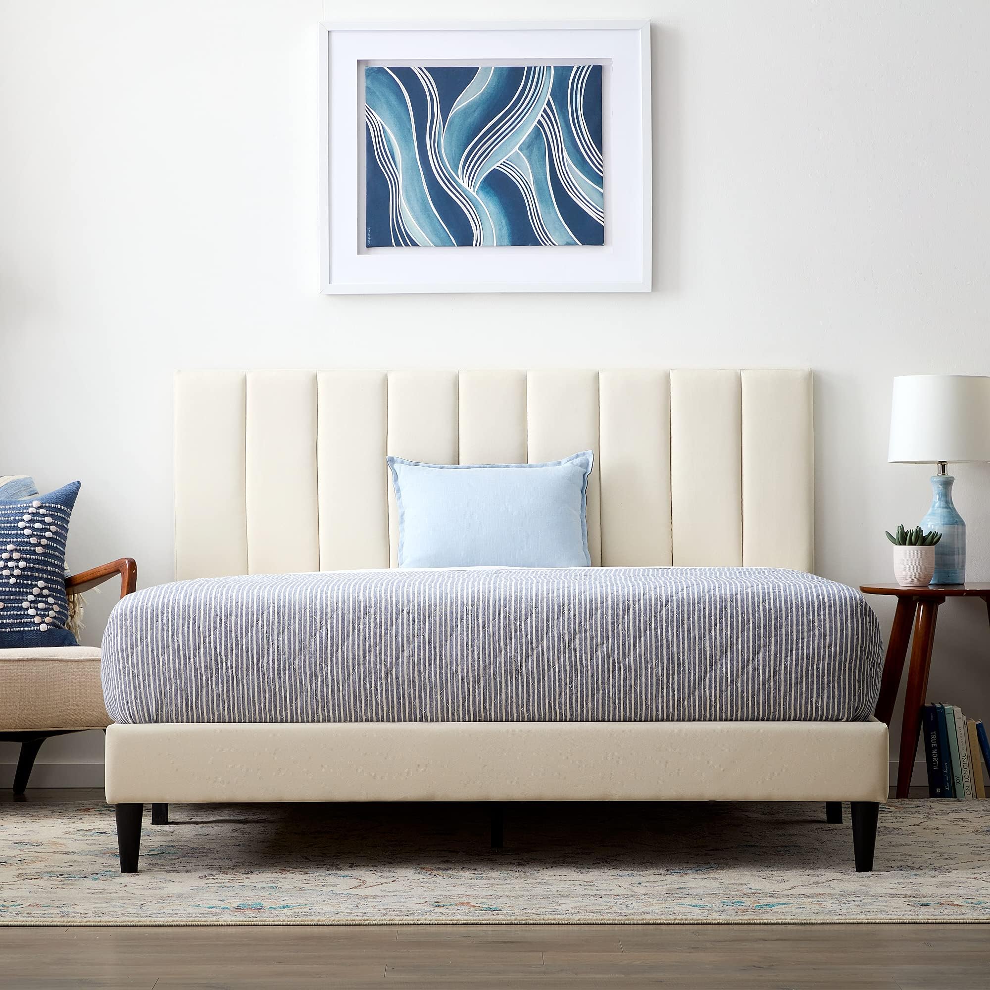 Photo 1 of Lucid King Bedframe with Vertical Channeled Headboard — Upholstered Platform Bed — Easy Assembly — King Size — No Box Spring Needed — Pearl Color