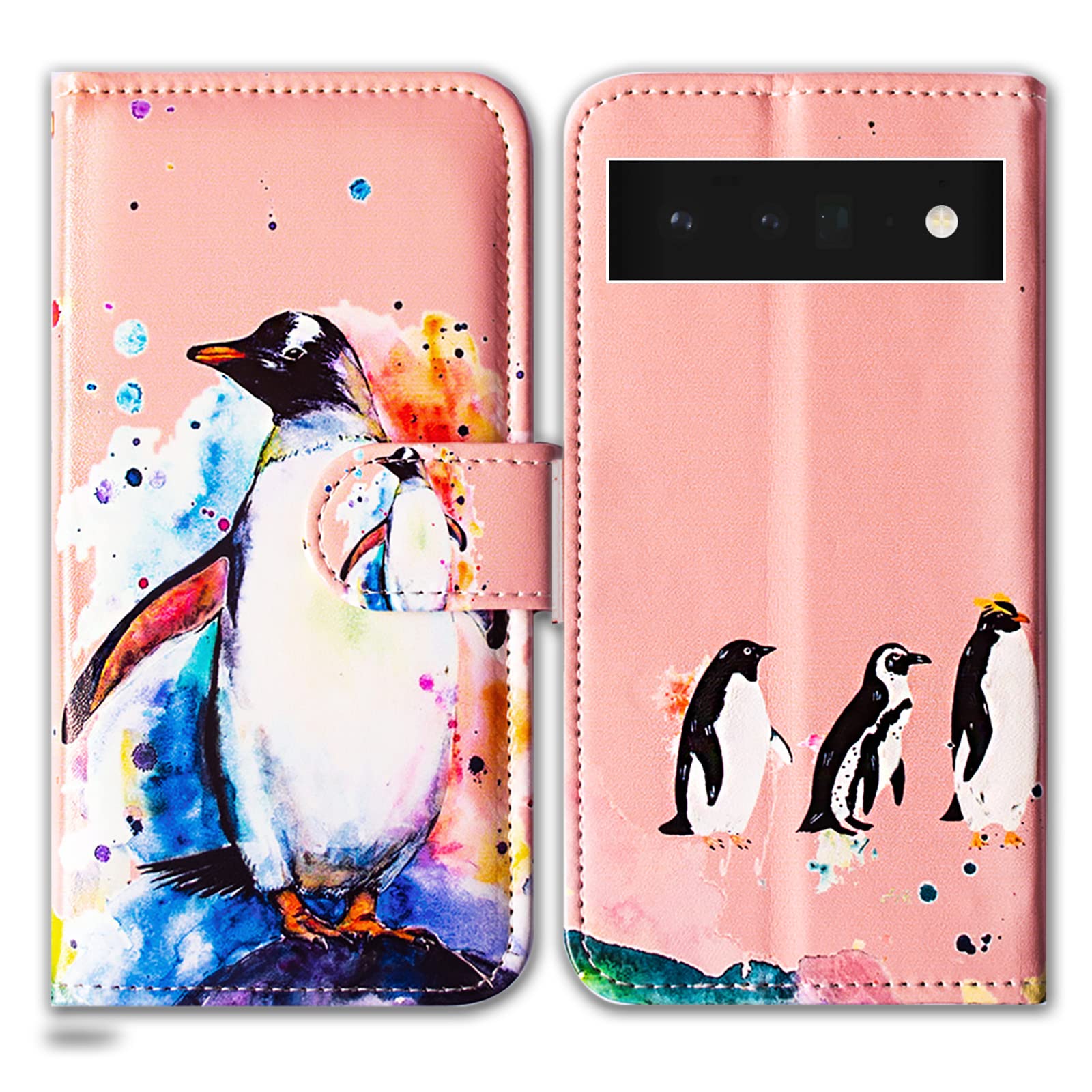 Bcov Pixel 6 Pro Case, Penguin Drawing Leather Flip Phone Case Wallet Cover with Card Slot Holder Kickstand For Google Pixel 6 Pro