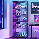 Dystler Glass Display Cabinet with Doors and RGB LED Lights | 69" Tall Curio Cabinet, 5-Tier Wooden Shelves, Lockable Display Case, Motion Sensor, for Collectibles, Living Room, Black