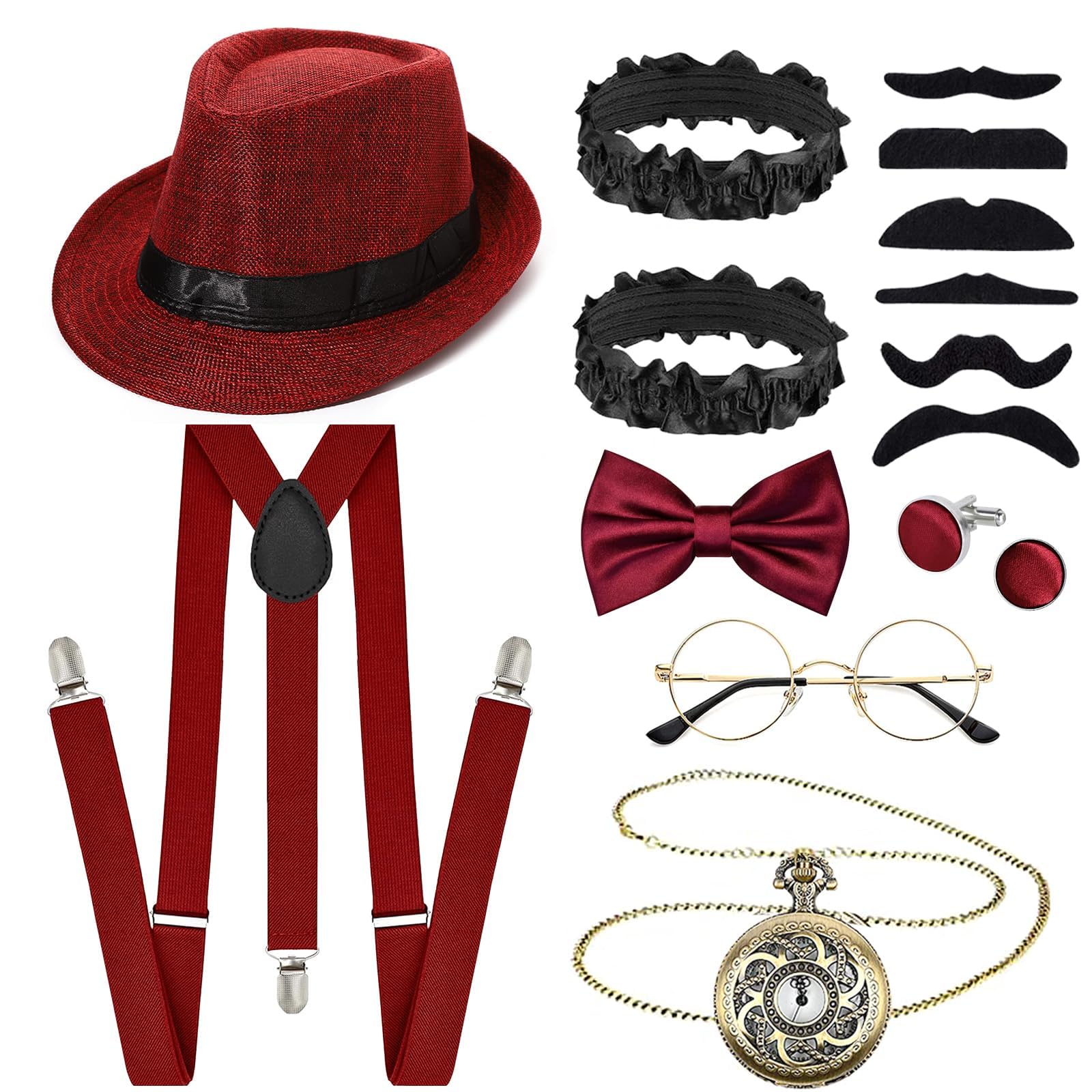 15Pcs 1920s Gatsby Costume Accessories for Men, Roaring 20s Great Gastby Outfit with Fedora Hat Suspenders Pocket Watch Bow Tie Glasses Beards Cuffs Cufflinks for Theme Party Masquerade Dress up Day