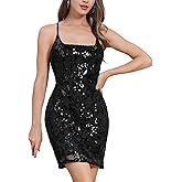 OBEEII Women's Sequins Bodycon Mini Dress Spaghetti Straps Floral Glitter Party Dress Night Club Teen Homecoming Dress