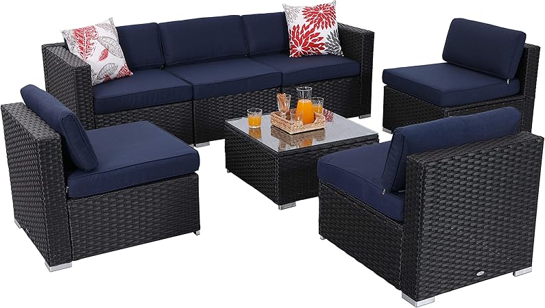 Amazon Com Phi Villa Outdoor Sectional Furniture 7 Piece Patio Sofa Set Low Back Rattan Wicker Conversation Set Navy Blue Garden Outdoor