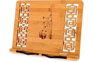 MEGREZ Bamboo Book Stand (13.2 x 9.4 inch) for Reading, Kitchen Cookbook Holder, Adjustable for Tablet/Textbook, Hollow Bookrest, Panda