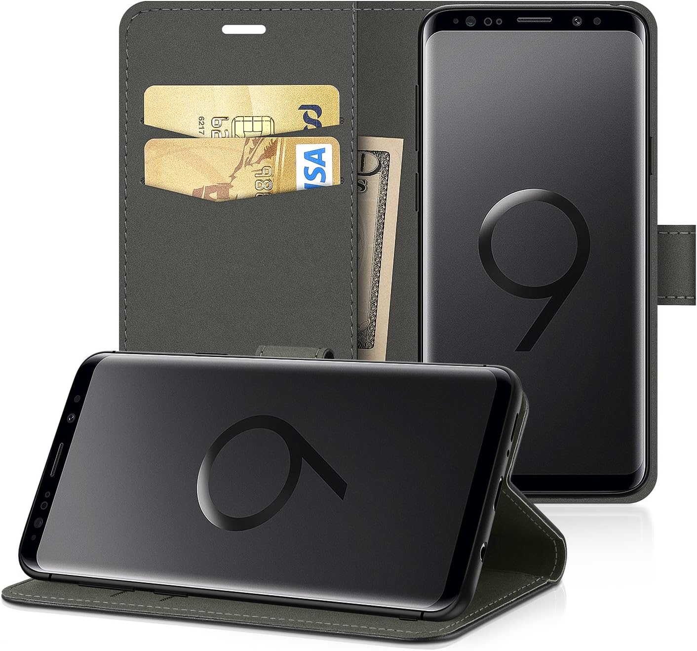 EasyAcc Case for Samsung Galaxy S9 Plus Flip Leather Wallet Case Protector Flip Cover with Kickstand Card Holder Card Slots Black PU Leather Compatible with Samsung Galaxy S9+ 6.2''