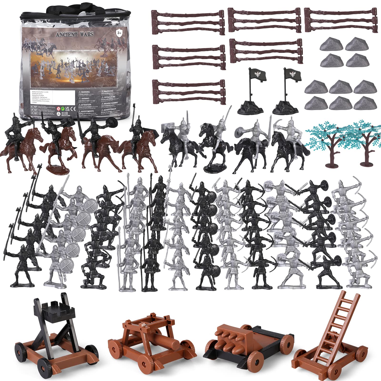 Boderam Medieval Knights Toys 110PCS Ancient Soldier Warriors Figures Toy Army Men Action Figure Playset Plastic Military Base Set Toy with Cavalry Arrow Tower Storage Bag for Boys Girls Kids