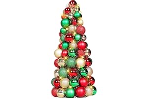 Amooca 16in Christmas Ball Tree with LED Lights Table Centerpiece Fireplace Decor Indoor Holiday Party Home Decoration Red Gold Green