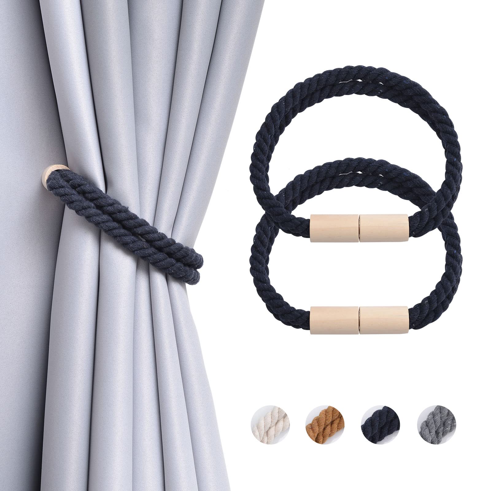 Pretty Jolly 2 Pack Wooden Magnetic Curtain Tiebacks Boho Decoration Drape Tie Backs Natural Cotton Handmade Double Rope Curtain Holdbacks for Thin & Thick Home & Office Window Drapery (New Dark Blue)