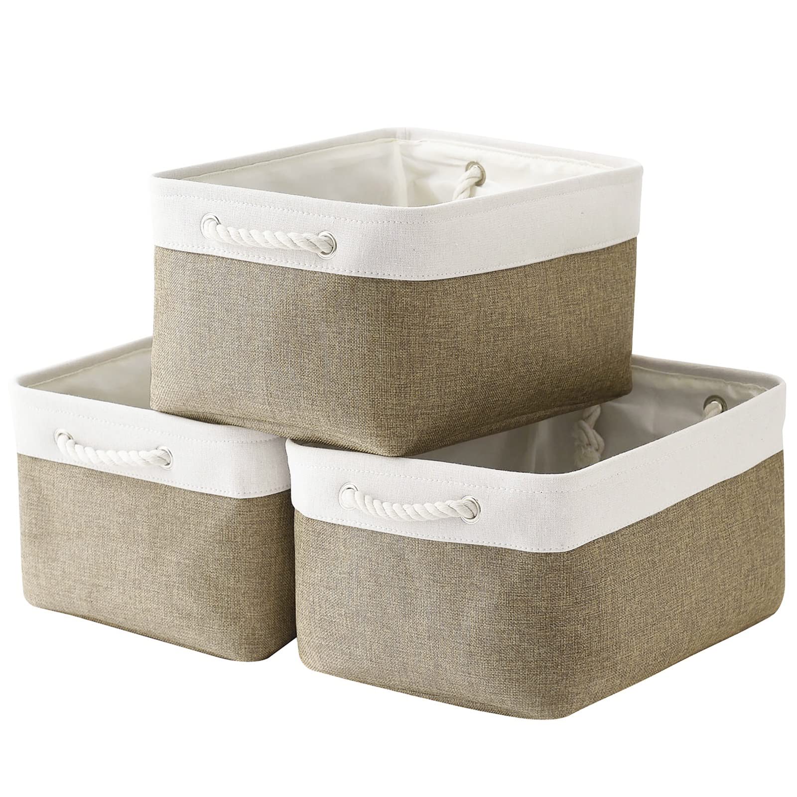 TheWarmHome Storage Basket for Organizing - 16x12x8 inch Large 3 Pack Collapsible Storage Bin for Shelves with Handles, Fabric Storage Cubes for Organizer Cloth Gift Toy Closet (Whiet & Khaki) Image