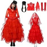 WEFONLLICOS 4PCS Women Lydia Deetz Costume Dress Beetle Bride Red Wedding Dress Wig Gloves Cosplay Gothic for Adult Halloween
