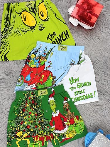Seuss The Grinch Don't Be a Grinch Men's Button Fly Boxer Lounge Shorts  (X-Small, Green)