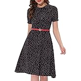 Allegra K Women's Peter Pan Collar Tie Neck Short Sleeves A-Line Elegant Belted Vintage Floral Dress