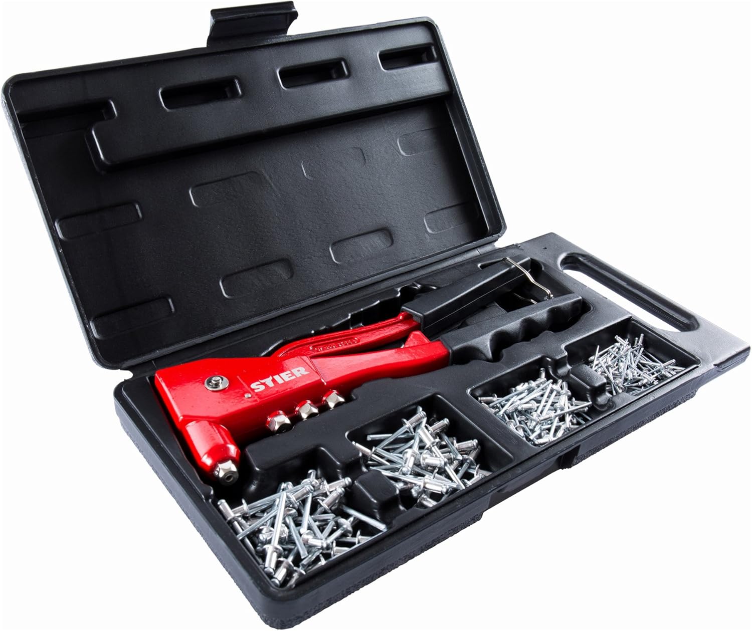 STIER Blindnieten Set mit Handnietzange und Blindnieten, 201-teilig inklusive 4 auswechselbaren Mundstücken, Blindnietzange, Blindnieten, Nieten