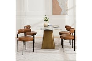 Forsalund Faux Leather Dining Chairs Set of 4, Upholstered Kitchen and Dining Room Chairs, Mid-Century Modern Dining Chairs with Round Back and Black Metal Legs, Vegan Leather, Brown