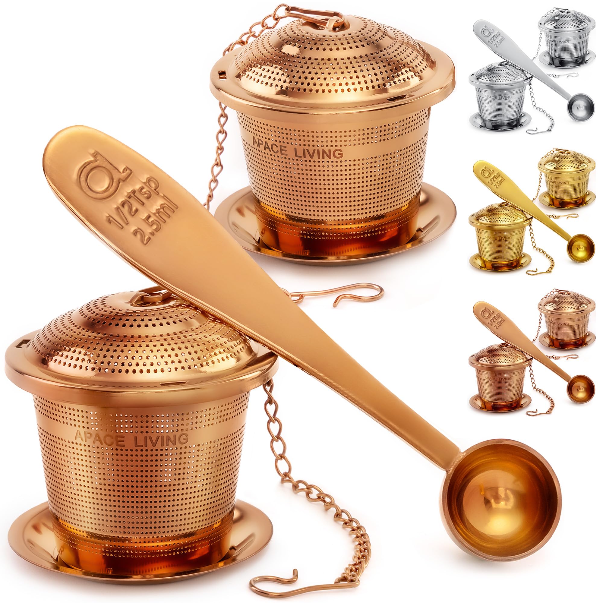 Apace Loose Leaf Tea Infuser (Set of 2) with Tea Scoop and Drip Tray - Ultra Fine Stainless Steel Strainer & Steeper (Rose Gold, Medium)