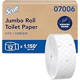 Scott Professional Coreless Jumbo Roll Toilet Paper, Bulk, 12 Rolls (07006) | High-Capacity, 1150'/Roll, 2-Ply, Elevated Design, Septic Safe, Plus Tier, Compatible with Coreless Jumbo Roll Dispensers