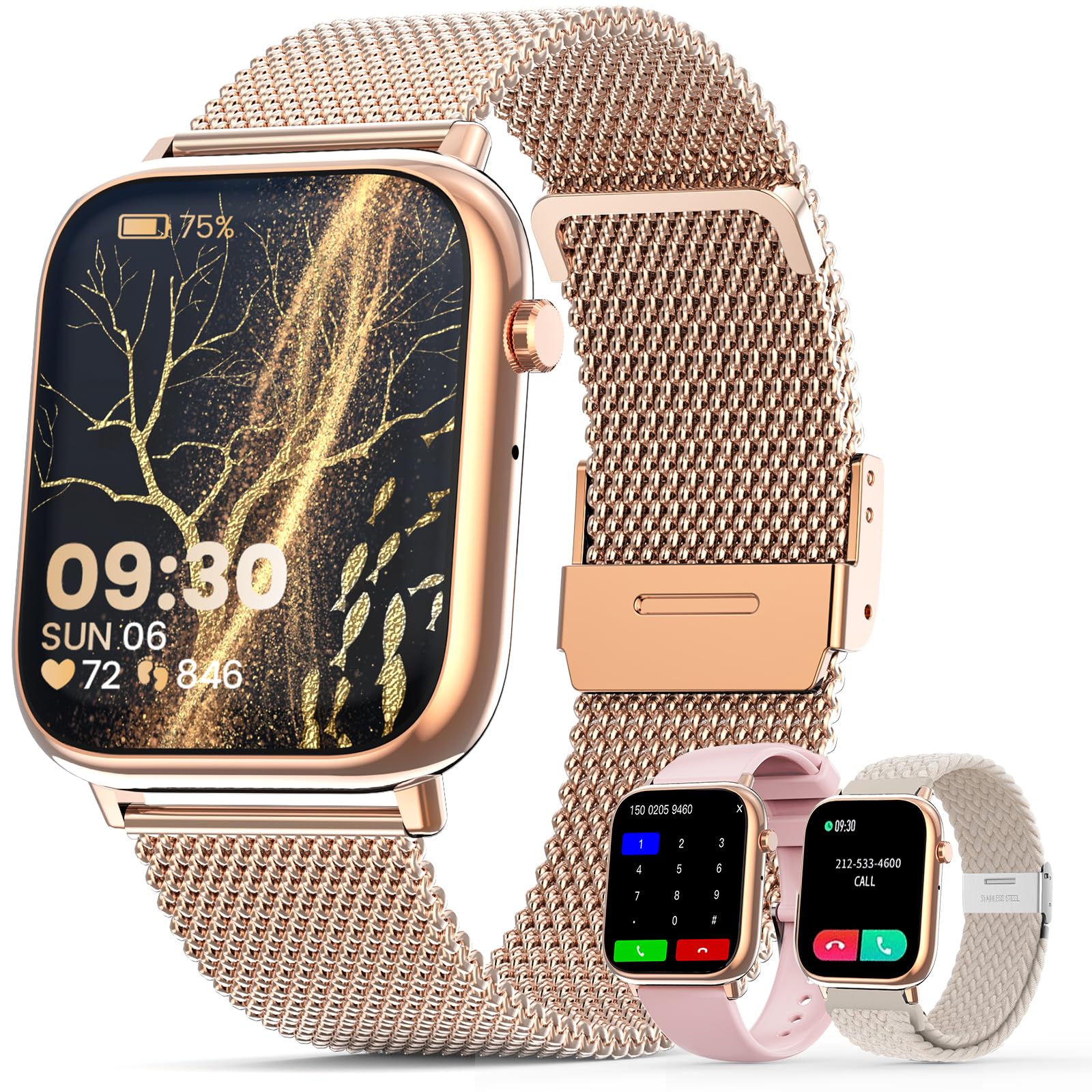elfofle Women's Smart Watch with Bluetooth Call, 1.83 Inch HD Touch Screen, IP67 Waterproof / SpO2 Fitness Tracker/Menstrual Cycle Heart Rate Sleep Monitor for iOS Android (Gold)