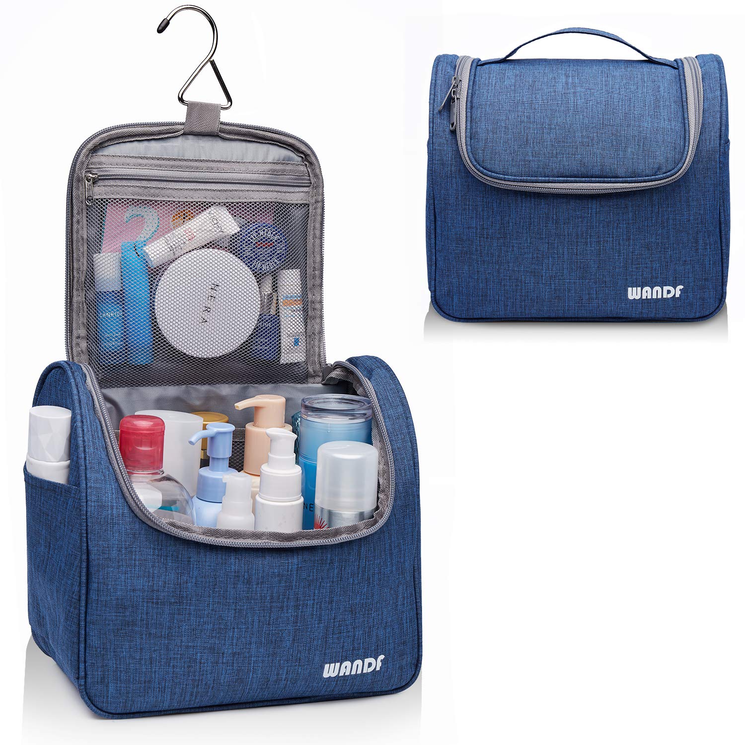 WANDF Hanging Toiletry Bag Travel Cosmetic Organizer Shower Bathroom Bag for Men Women Water-resistant  (M, Denim Navy Blue) : Beauty
