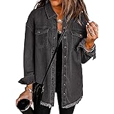Vetinee Women’s Oversized Button Up Frayed Hem Shacket Long Sleeve Pockets Denim Jean Jacket