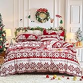 Flysheep Christmas Duvet Cover Set Queen Size, Red and White Snowflake Xmas Holiday Pattern Design, Soft Microfiber Duvet Cover with Zipper Closure, Includes 1 Duvet Cover and 2 Pillow Shams