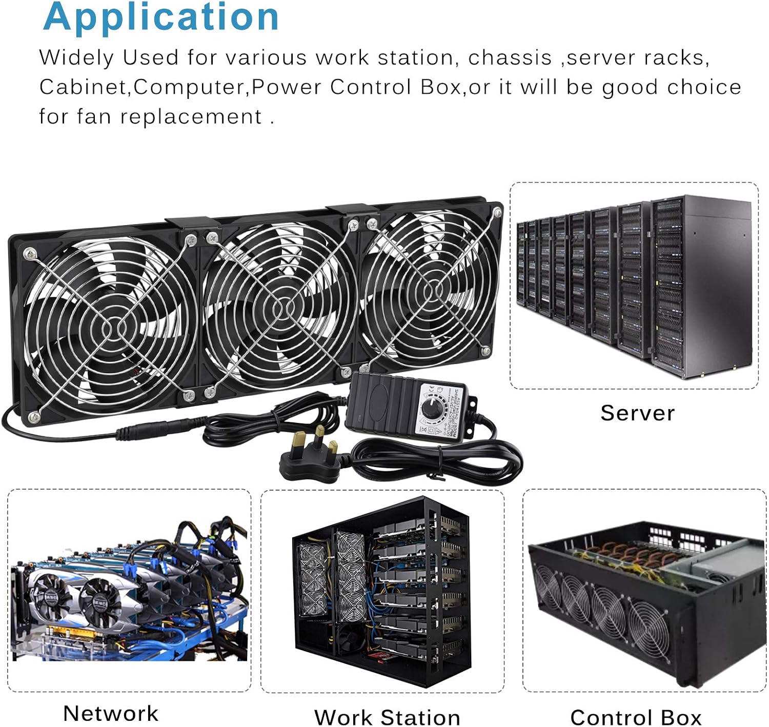 GDSTIME 3 x 120mm Computer Rack Fan 360mm Cabinet Inverter Cooling Fan with AC 220V 230V 240V UK Plug DC 4V 5V 12V Adjustable Speed Control Dual Ball Bearing PC Fans for Chassis Server Workstation - Image 3