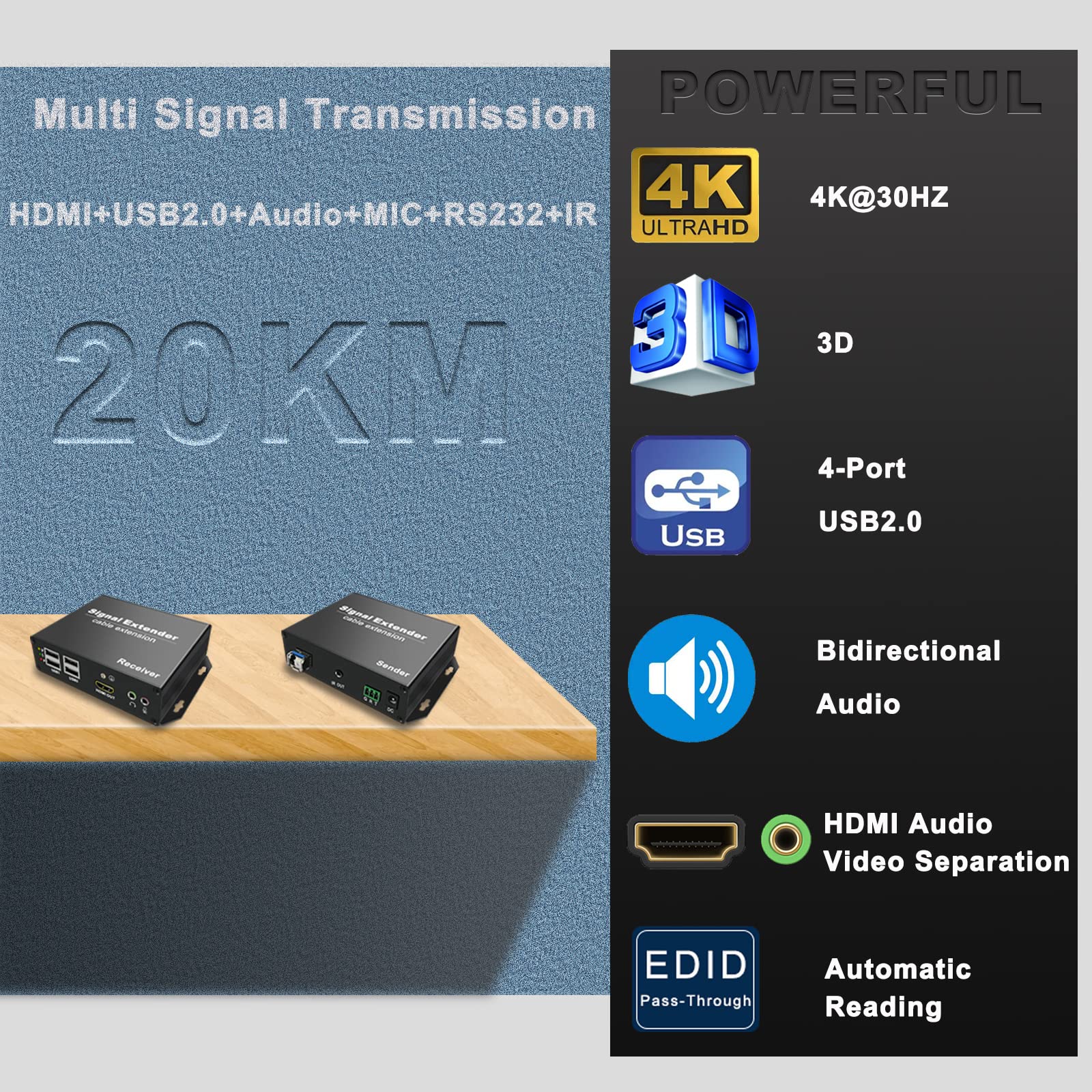 LornCeng 4K HDMI KVM Extender Over SM Fiber up to 20KM, KVM HDMI Extension Kit Over IP – Zero Latency, 4 Ports USB2.0, Bidirectional Audio & RS232, IR Control