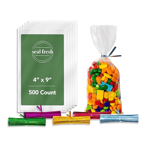 SEAL FRESH CELLOPHANE TREAT BAGS WITH 4″ HOLOGRAPHIC LASER TWIST TIES (5 COLORS) – 4″ X 9″ (500 COUNT) – CLEAR CELLOPHANE BAGS, CELLOPHANE GIFT BAGS, PARTY FAVOR BAGS, COOKIE BAGS FOR PACKAGING