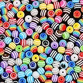 200pcs 10mm Resin Stripe Mixed Colors Rainbow Round Beads for Jewelry Making Plastic Spacer Bracelets DIY Crafts Christmas Ornament Gifts