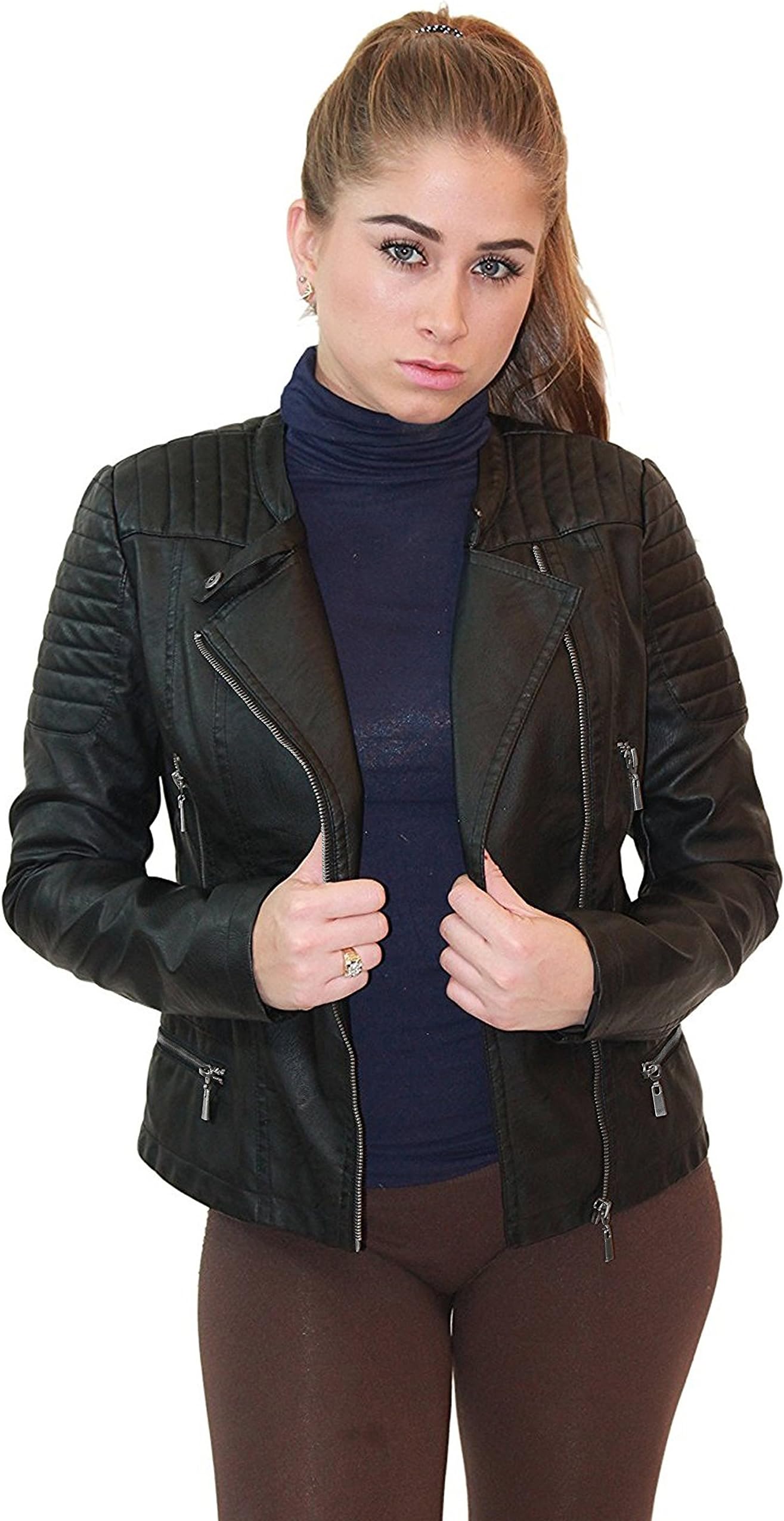 Womens Faux Leather Moto Biker Jacket with pockets