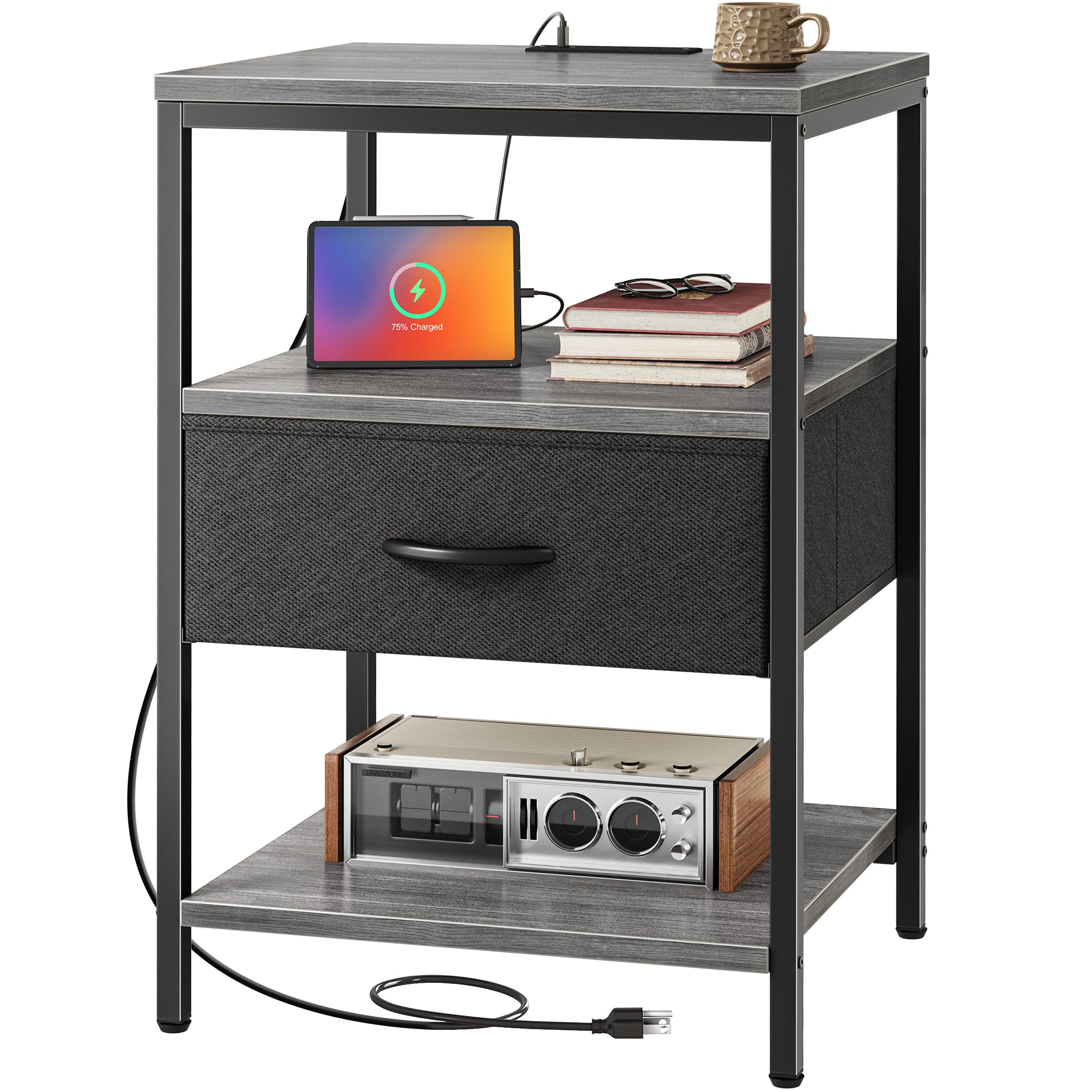 SUPERJARE Night Stand with Charger Station, 27.7 Inch Tall Nightstand with Adjustable Fabric Drawer, Bed Side Table, Fabric Drawer Dresser for Bedroom, Living Room, Charcoal Gray and Black Image