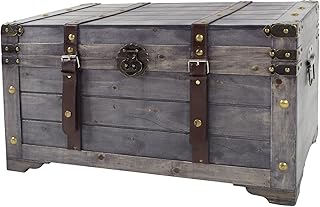 Kobolo Truhe Kuba im Schatzkistendesign aus grauem Holz mit Metall- und Kunstlederapplikationen