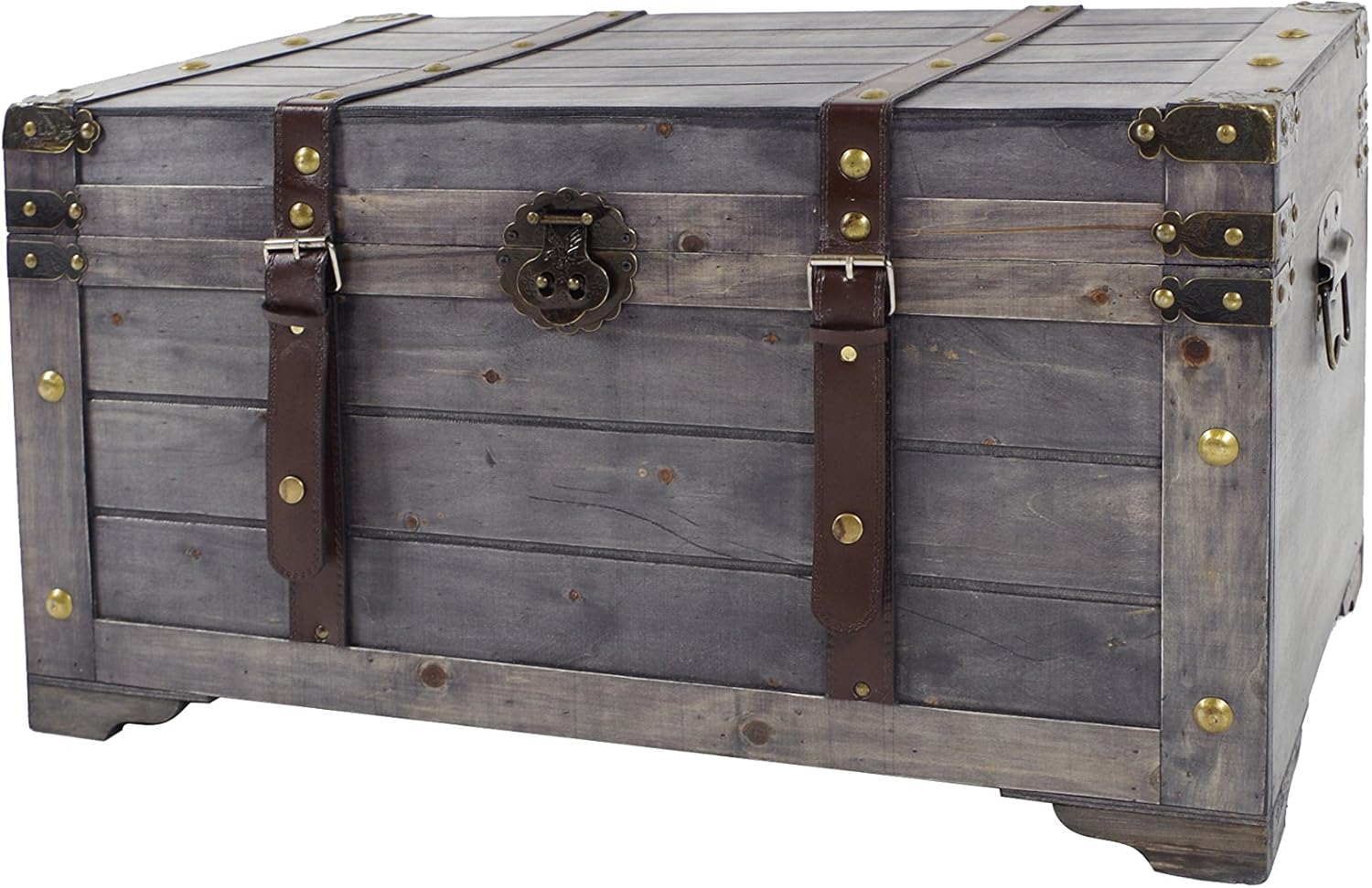 Kobolo Truhe Kuba im Schatzkistendesign aus grauem Holz mit Metall- und Kunstlederapplikationen