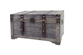 Kobolo Truhe Kuba im Schatzkistendesign aus grauem Holz mit Metall- und Kunstlederapplikationen