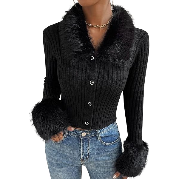 Vogrtcc Women Faux Fur Knitted Cardigan With Fur Collar Autumn
