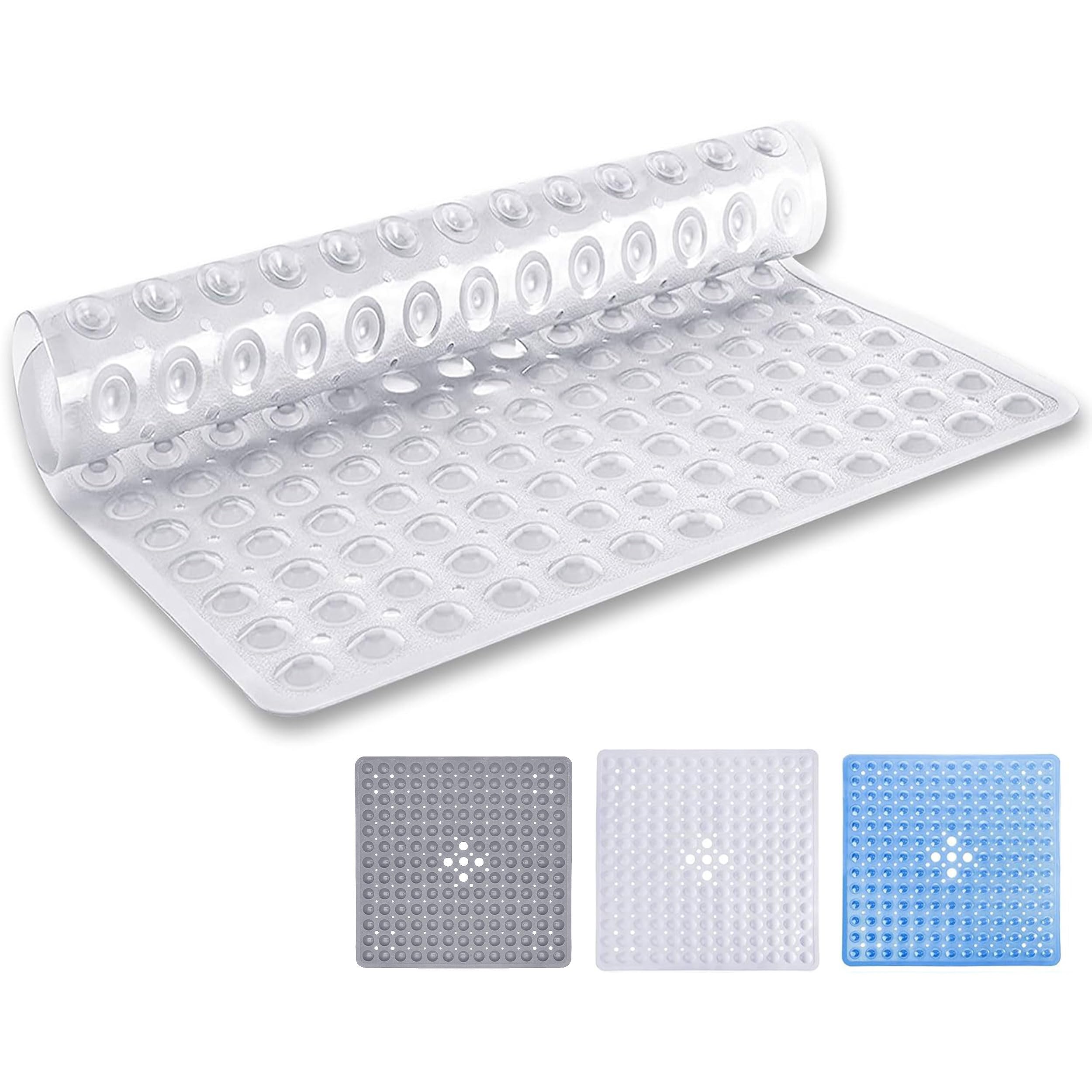 MOONLIGHT20015 Square Shower Mat Non Slip Anti Mould - 53x53cm Rubber Bath Mat PVC Shower Mats for Inside Shower with Strong Suction Cups Grip and Drain Holes - Soft Touch Machine Washable (Clear)