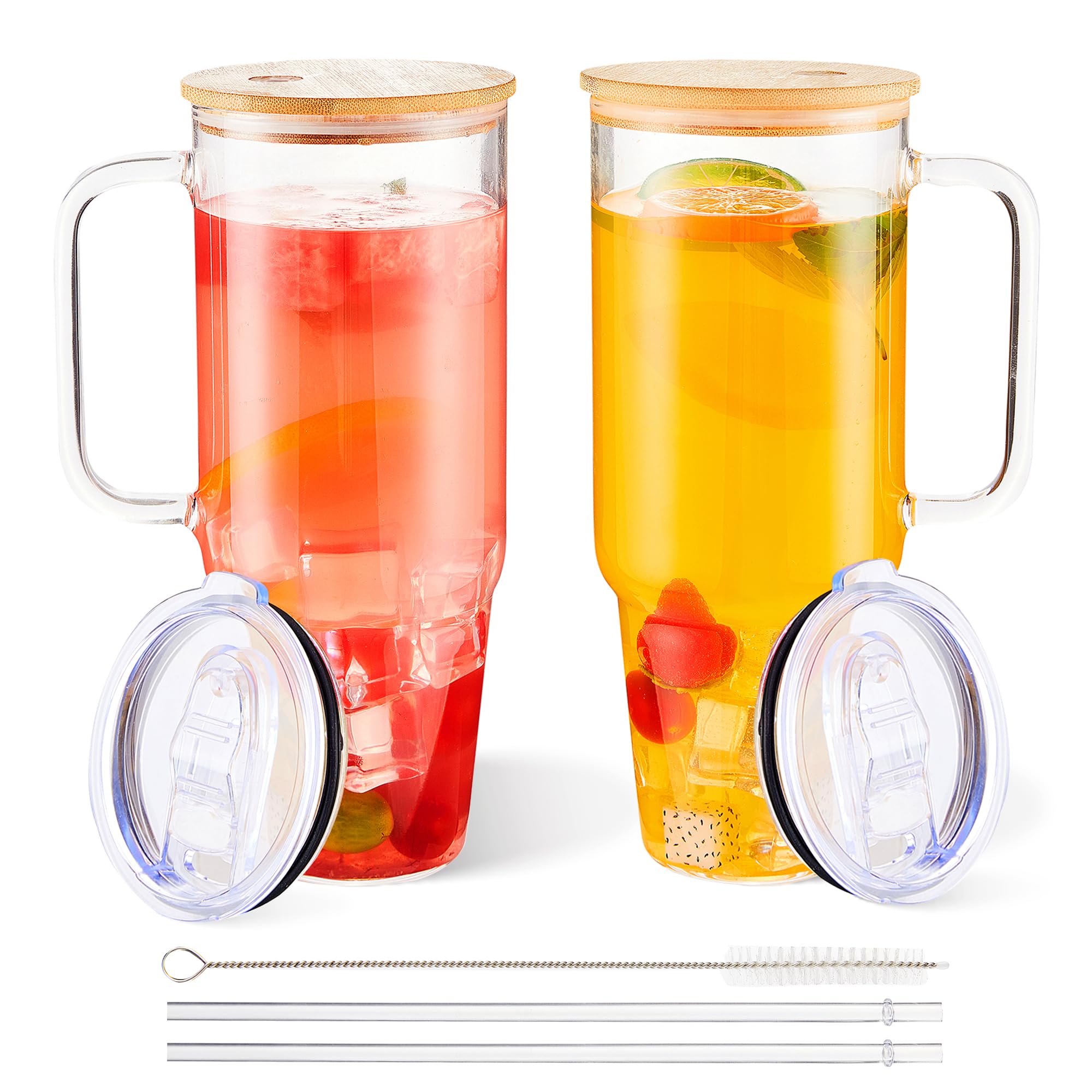 Photo 1 of SEE NOTES LOOK AT PICTURES……BGRAING 2 Pack Glass Cups with Lids and Straws Large 40 oz Glass Tumbler with Handle Clear Reusable Iced Coffee Cups, with Bamboo Lid & Plastic Lid, BPA Free, Wide Mouth for Hot/Cold Drinks