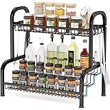 Spice Rack Organizer, Step Shelf Organizer, 2 Tier Countertop Organizer with 8 Hooks for Pantry, Kitchen, Cabinet