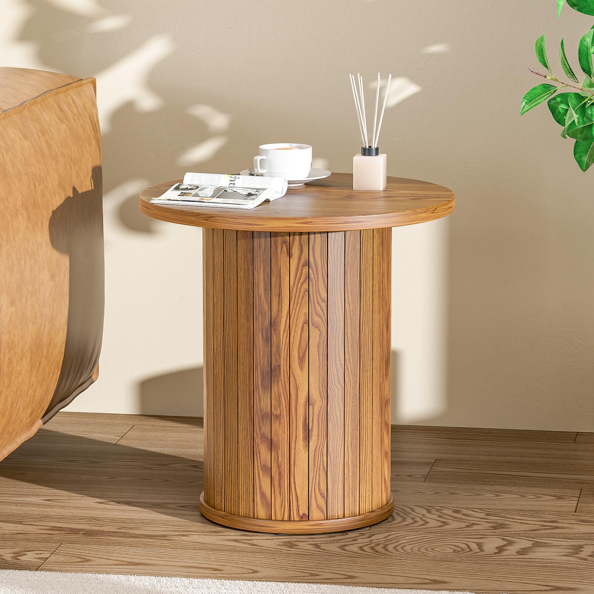 Photo 1 of 15.8" Small Round Side Table for Small Spaces, Farmhouse Fluted End Table for Living Room, Modern Accent Coffee Table with Walnut Finish, Tambour Design Circle Bedside Table, Rustic Brown