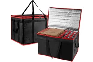 mosago 2PK Insulated Food Delivery Bag - Reusable Thermal Cooler Grocery Bags for Catering & Delivery, Pizza Carrier for Events, Large Capacity Bag Keeps Food Hot/Cold, Commercial, Black with Red Trim