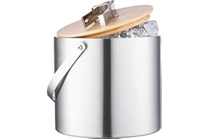 FineDine Double- Wall Stainless Steel Insulated Ice Bucket With Lid & Ice Tong - [3 Liter] Modern Wooden Lid With Built-In Tongs- Comfortable Carry Handle- For Home Bar, Chilling Beer Champagne