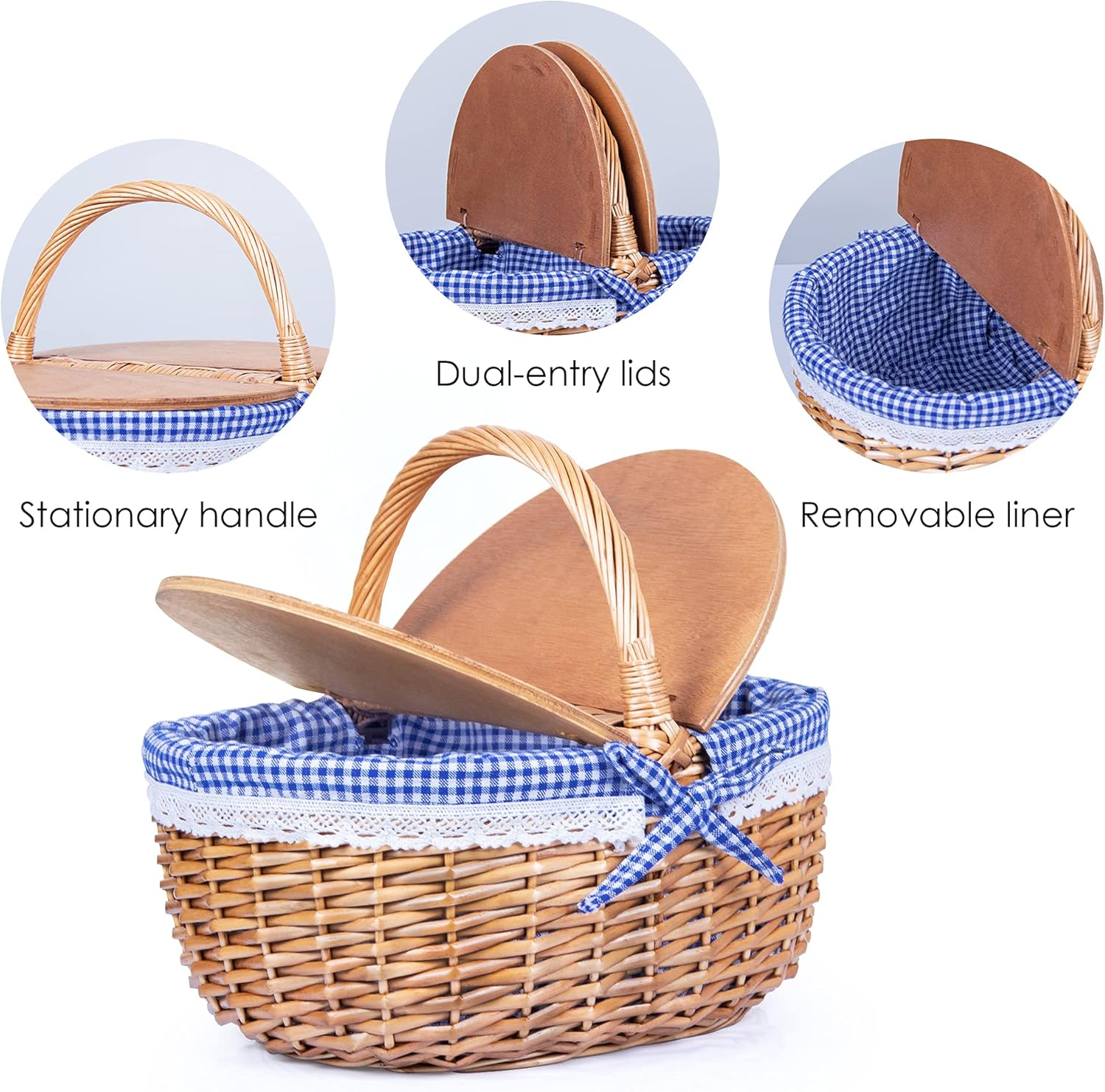 SatisInside Wicker Picnic Basket with Wooden Lids and Washable Liner - Stationary Handle - Blue: Kitchen & Dining