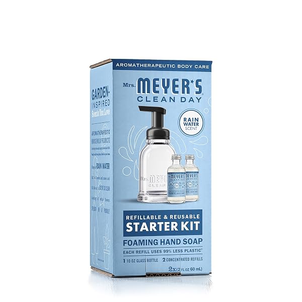MRS. MEYER’S CLEAN DAY FOAMING HAND SOAP DISPENSER & CONCENTRATE STARTER KIT,1 GLASS DISPENSER (10 FL. OZ.) & 2 CONCENTRATED REFILLS (2 FL.OZ. EACH),RAIN WATER, MAKES 20 FL. OZ. OF FOAMING SOAP TOTAL