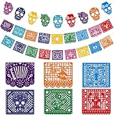 HOWAF 27pcs Day of The Dead Papel Picado Banner, Felt Dia De Los Muertos Sugar Skull Hanging Garland for Mexican Themed Party Decoration Supplies, Colorful Cinco De Mayo Flag Banner