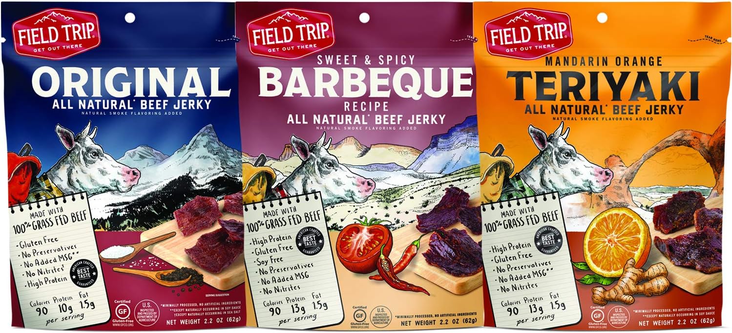 Field Trip Snacks Beef Jerky Variety Pack | 3 Flavor Pack - High Protein Gluten Free with Zero Nitrates or Preservatives - Best Sellers
